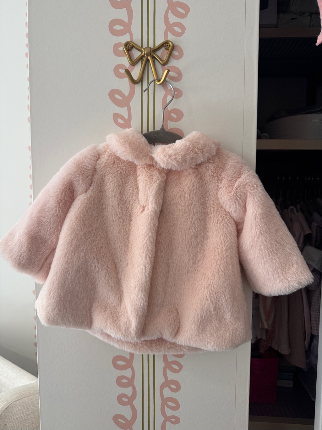 Luli & Me Faux Fur Coat Blush Peach Pink With Bow Size 12 Months